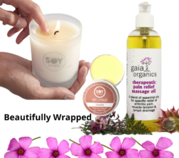GIFT PACK – SOY TUMBLER CANDLE( 50HR BURN TIME) , LIP BALM AND THERAPEUTIC MASSAGE OIL 01